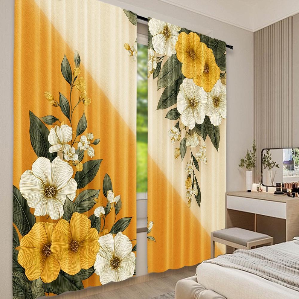 Set Of 2 Flat Printing Curtains Golden Floral Elegance Digital Printed Polyester Drapes Birthday Party Indoor Celebrations Curtain