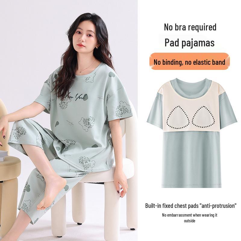 Women's Antibacterial Cotton Pajamas with Built-in Bra Pads - Short Sleeve, Cute & Comfortable Summer Loungewear Set