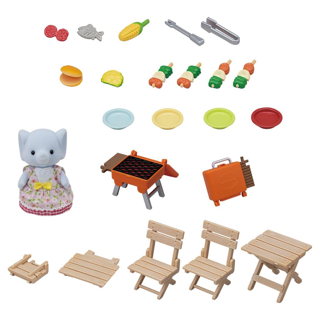 Calico Critters Bubbly Brook Elephant Girls BBQ Picnic Set Dollhouse Playset with Figures and Accessories