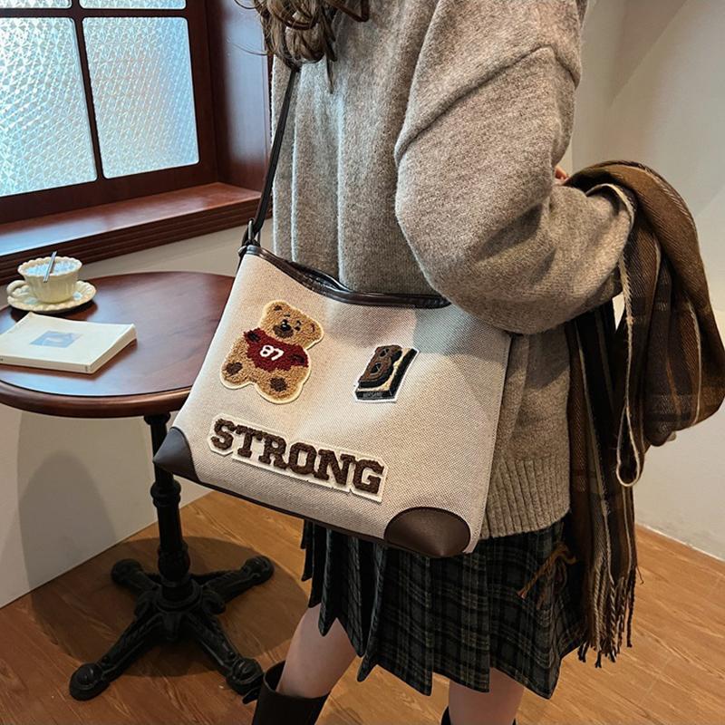 Vintage Bear Cartoon Tote Bag Large Capacity Commuter Women Shoulder Bag Fashionable Versatile Teenagers Girls School Bag