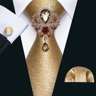 Luxury Tie with Brooch for Men Paisley Solid Formal Silk Necktie Hanky Cufflink Set