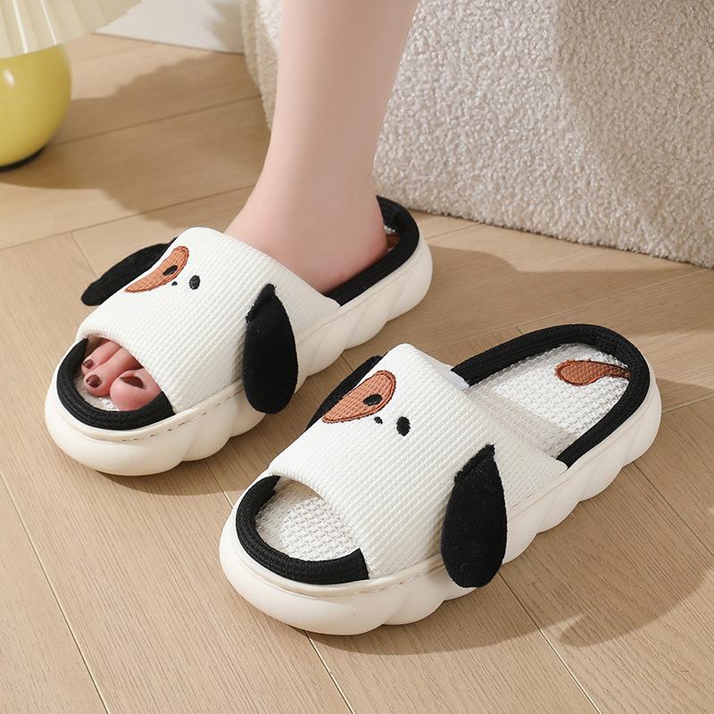 Linen slippers cute puppy cotton and linen four-season slippers couple soft bottom non-slip sweat-absorbing slippers