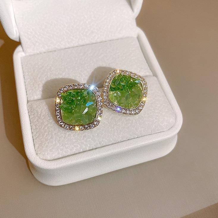 Natural stone green stud earrings women's light luxury high-end sense niche design earrings new popular unique earrings