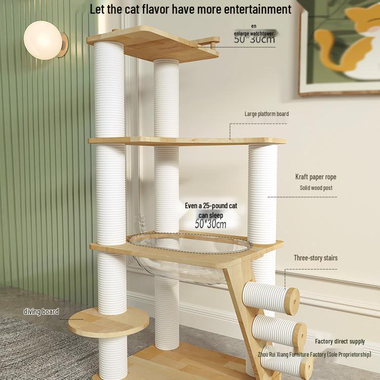 Solid Oak Cat Tree with Wall-Mounted Space Capsule Bed