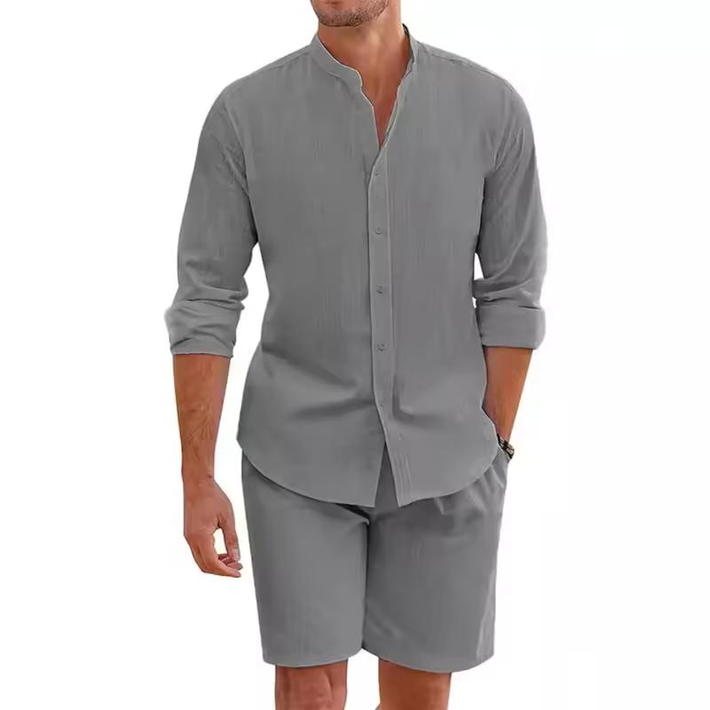 

2 Pcs Sets Men s Summer Cotton Linen Shirt and Shorts Cardigan Simple Casual Beach Shirts Comfortable Hawaii Wear XXL сірий