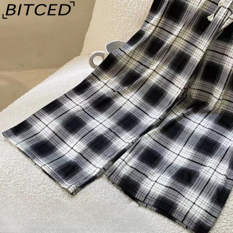 BITCED Vintage-Style Wide-Leg Trousers for Women Spring/Autumn Striped Tie-Dye High-Waisted Straight-Leg Casual Trousers with Drape