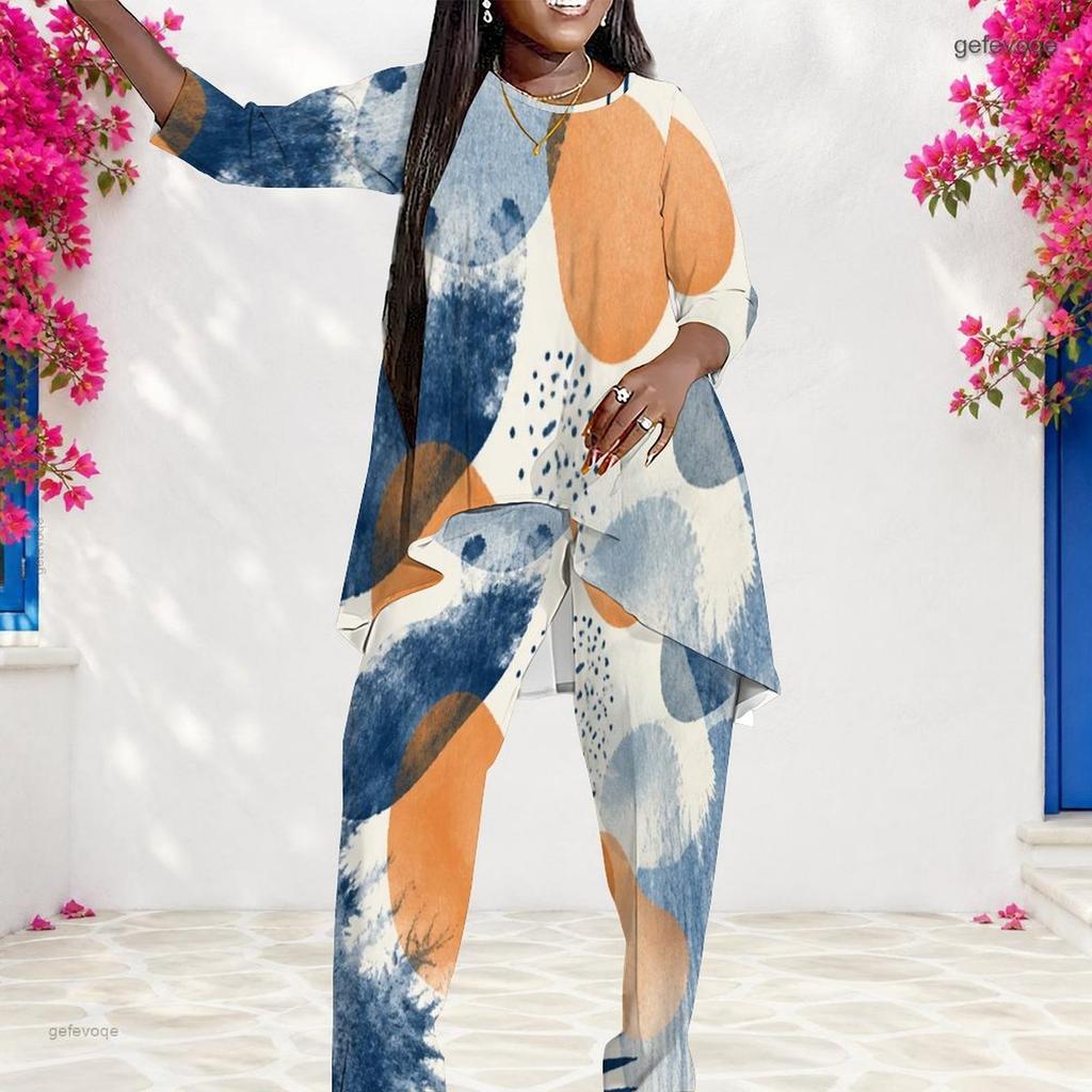 Women Plus Size Printed Round Neck Long Sleeve Layered Top Long Pants Two Piece Set