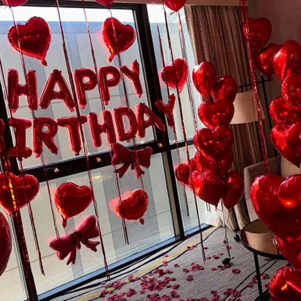 Red Birthday Balloon Set with Bow, Love Heart, Aluminum Foil Balloon, Simulated Petals for Birthdays and Valentine's Day