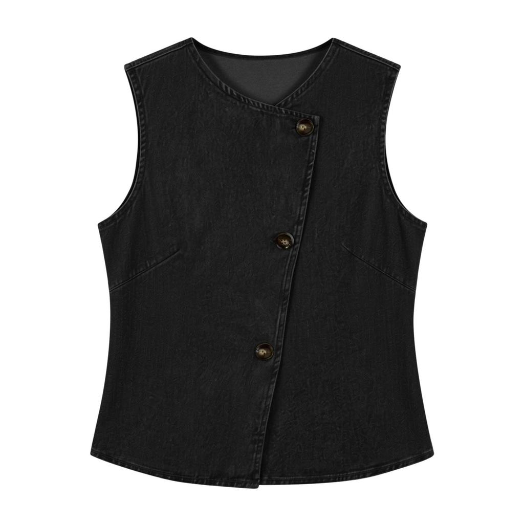 Damen Frühlings Oberteile Asymmetrisch Ärmellos Denim Bluse Sommerhemden für Damen Lässiges Knopf Design Damen Sommerhemden