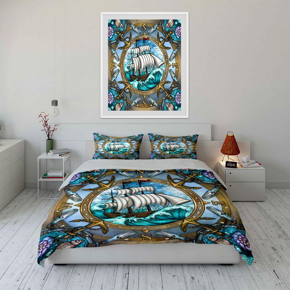 Nautical Design Three-Piece Set kid's and adults' bedroom decor, Exquisite three-piece bedding set gift