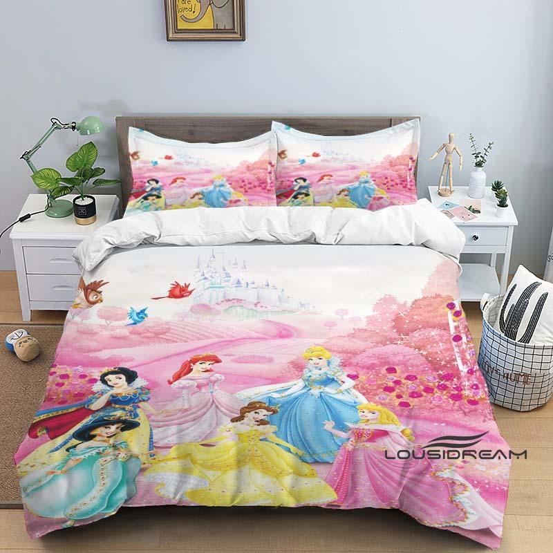 1pcDisney Princess 3D Printed Duvet Cover and Pillowcase Bedding Set, Suitable for Single, Double, King, and Queen Beds.