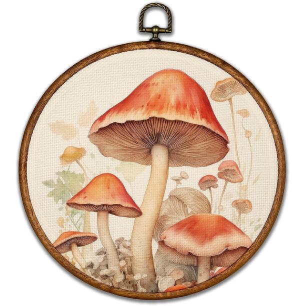 BCUANGD Vintage Mushroom Round Wall Art Decor - Retro Boho Botanical Wall Art Canvas Frame Artwork Prints, Neutral Cottagecore Round Wall Hanging