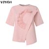 VONDA Women Summer Round Neck Short Sleeve Pearl Decorated Blouses