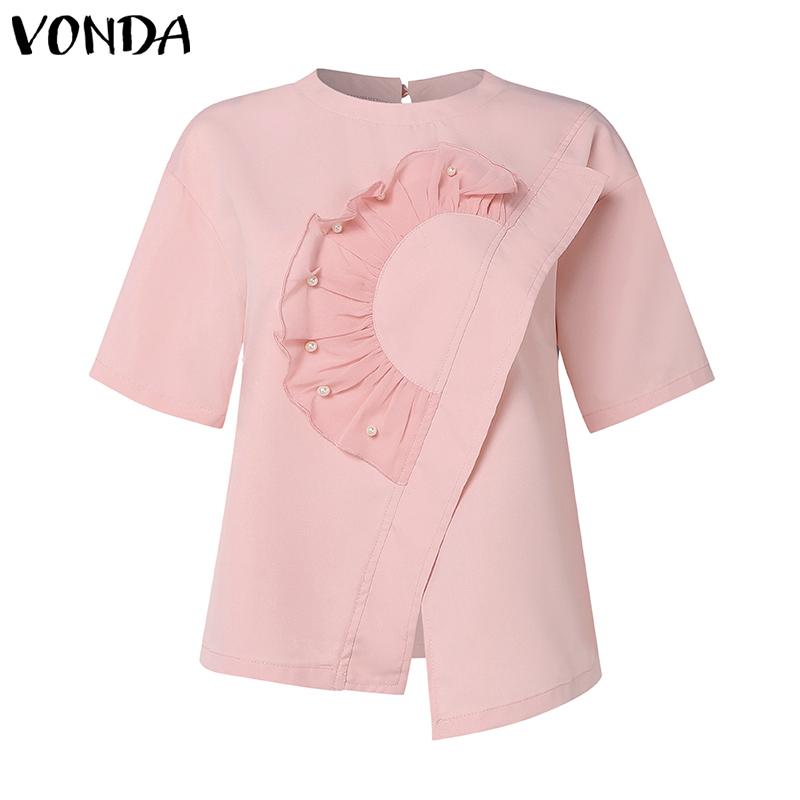VONDA Women Summer Round Neck Short Sleeve Pearl Decorated Blouses