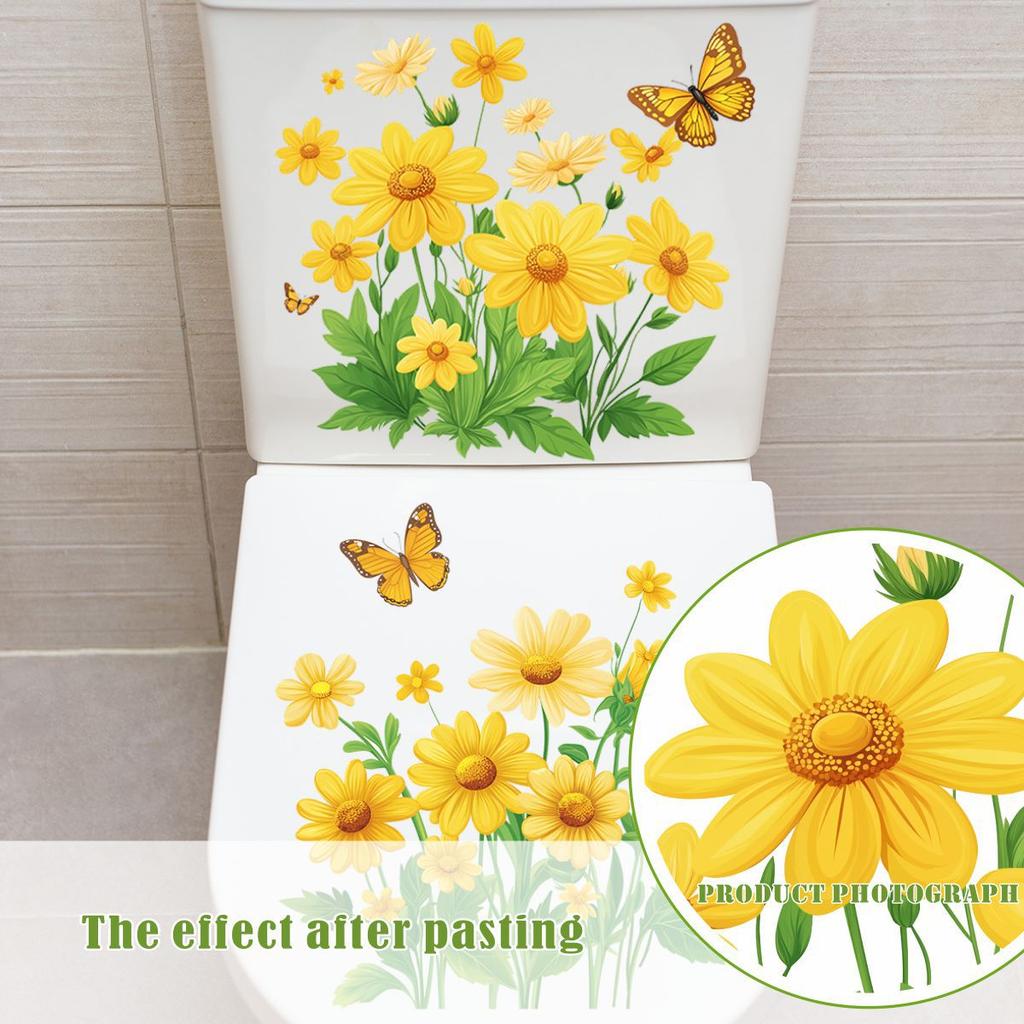 Yellow Chrysanthemum Butterfly Toilet Decoration Stickers, Bathroom Toilet Beautification Stickers