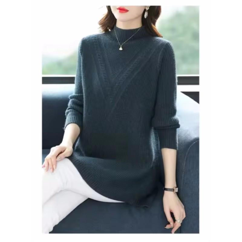 Maglione da donna a tinta unita di media lunghezza per autunno e inverno, effetto invecchiato, aderente, elegante, pullover in maglia