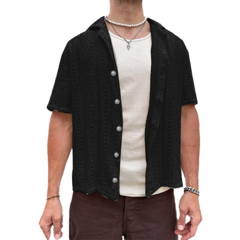 Men's Knit Short Sleeve Button Down Shirt Hollow Out Casual Top.