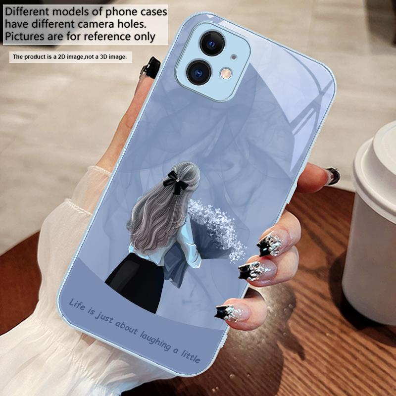The girl holding flowers For iPhone 17 Air 16 E 15 14 13 Plus 12 mini 11 17 Pro Max XR Xs Max 16E 7 8 Tempered Glass Phone Case