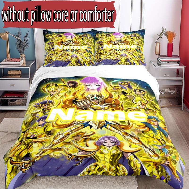 3pcs Duvet Cover Set (1*Duvet Cover + 2*Pillowcase, Without Core), Custom Name Saint Seiya Pattern Bedding Set, Home Bedroom Decor Gift