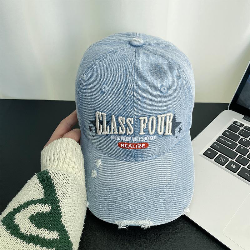 

Ripped denim retro alphabet baseball cap wide brim small face men s visor outdoor student versatile cap 56-60CM