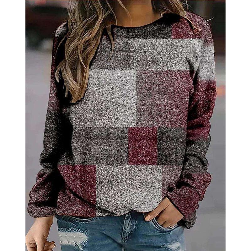 Plaid Printed Long Sleeve Round Neck Sweater Gingham Floral Print Long Sleeve Pullover