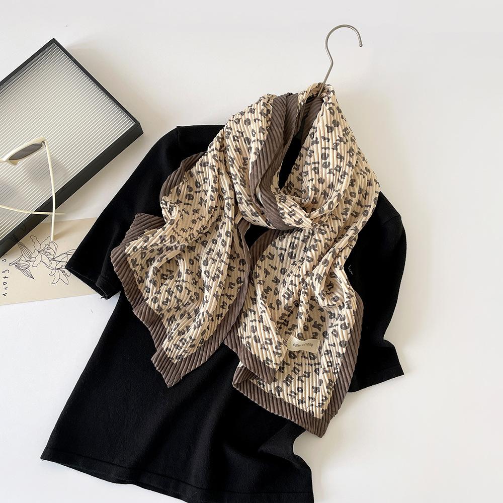 Striped fashionable and elegant imitation cotton and linen scarf women's high-end pleated printed scarf retro simple polyester small scarf