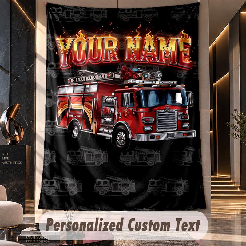 Feuerwehrauto (37) Thema Individueller Wandteppich Personalisierter Benutzerdefinierter Name Text Wandbehang Teppich Heimdekoration Hintergrundtuch