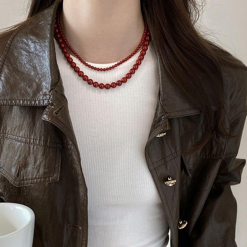 6-12mm Round Glass Red Beads Strand Beaded Necklace Choker for Women Wholesale Silver Plated Chain Chokers Jewelry New Year Gift