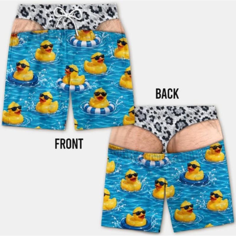 New Men's Fun Beach Shorts, 3D Simulated Leopard Print Thong Pants, Faux Two-piece Print, Beach Swim Trunks, Party Casual Shorts