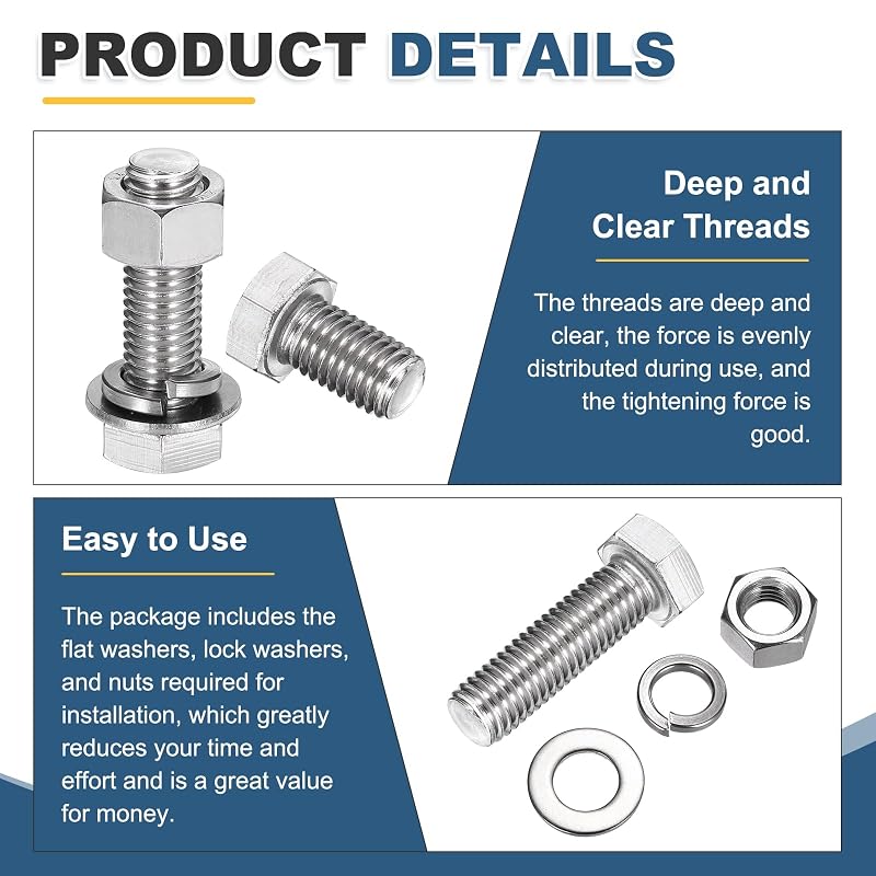 uxcell Hex Bolts M6 x 20mm 304 Stainless Steel Bolt, Nut, Washer Set, Hex Screw Set, Fully Threaded, 8 Sets