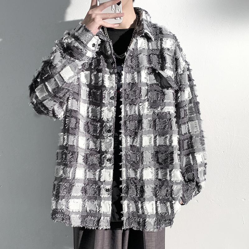 Nationaler Trend Paar Amerikanischer Stil Kleines Logo Kariert Quaste Locker Langarm Hemd Jacke
