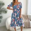 Women's Fashionable Floral Print Off Shoulder Short Sleeved Ruffle Edge Holiday Beach Loose Dress
