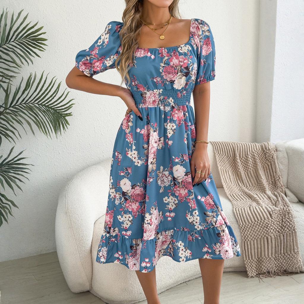 Women's Fashionable Floral Print Off Shoulder Short Sleeved Ruffle Edge Holiday Beach Loose Dress