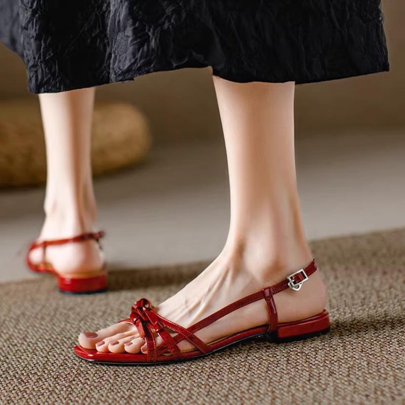 Fashion 2025 New Summer Gladiator Women Sandals Casual Open Toe Red Patent Leather Shoes Ladies Elegant Flats Sandalias