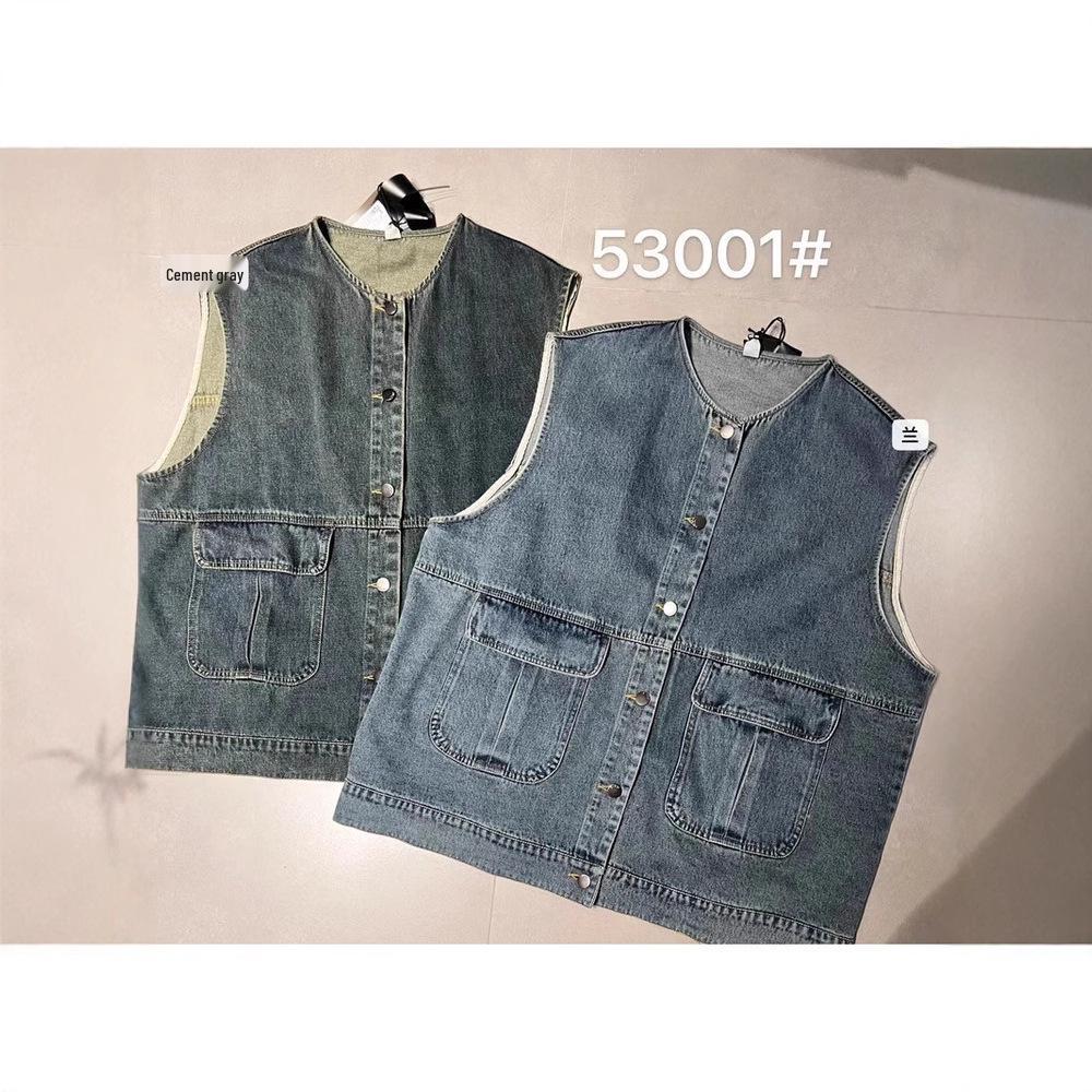 

Xiao Wang s Plus Size Retro Round Neck Denim Vest One Size