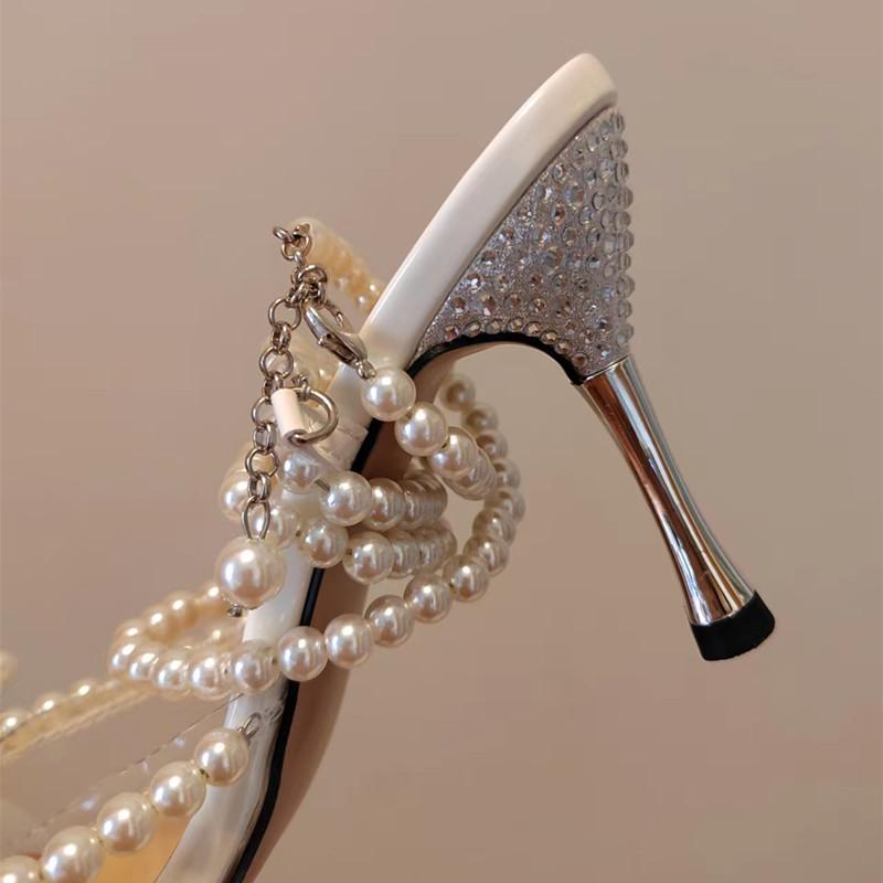 Fashion Luxury Rhinestone Soft Clear PVC Women Pumps Sexy Ankle Strap Pearls Bowknot Thin High Heels Fashion Summer Wedding Bridal Shoes