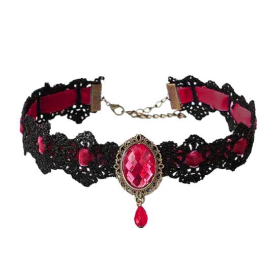 Vintage krajkový náhrdelník Gotický choker s oválným umělým drahokamem Dámský krajkový choker pro Cosplay Denní nošení Kostýmové večírky