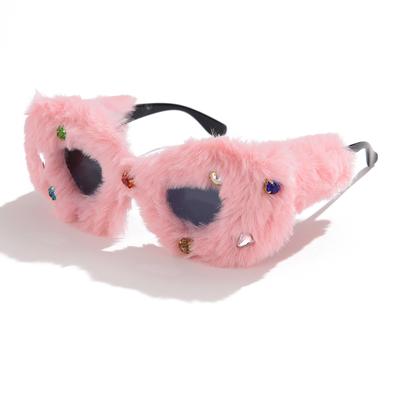 New Fashion Diamond Sunglasses Plush Decorative Sun Glasses Personalized Cat Eye Glasses Concave Shape Versatile Female