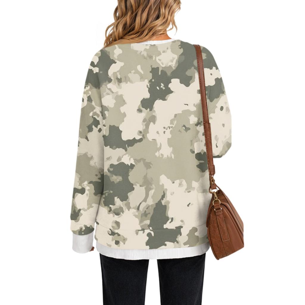Women's Fashion Casual Camouflage Print Long Sleeve Round Neck Pullover Top