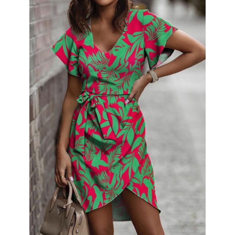 Fashion Style Summer New Arrival Sexy V-neck Temperament Waist-Controlled Lace Printing Short Sleeve Hem Irregular Dress Women