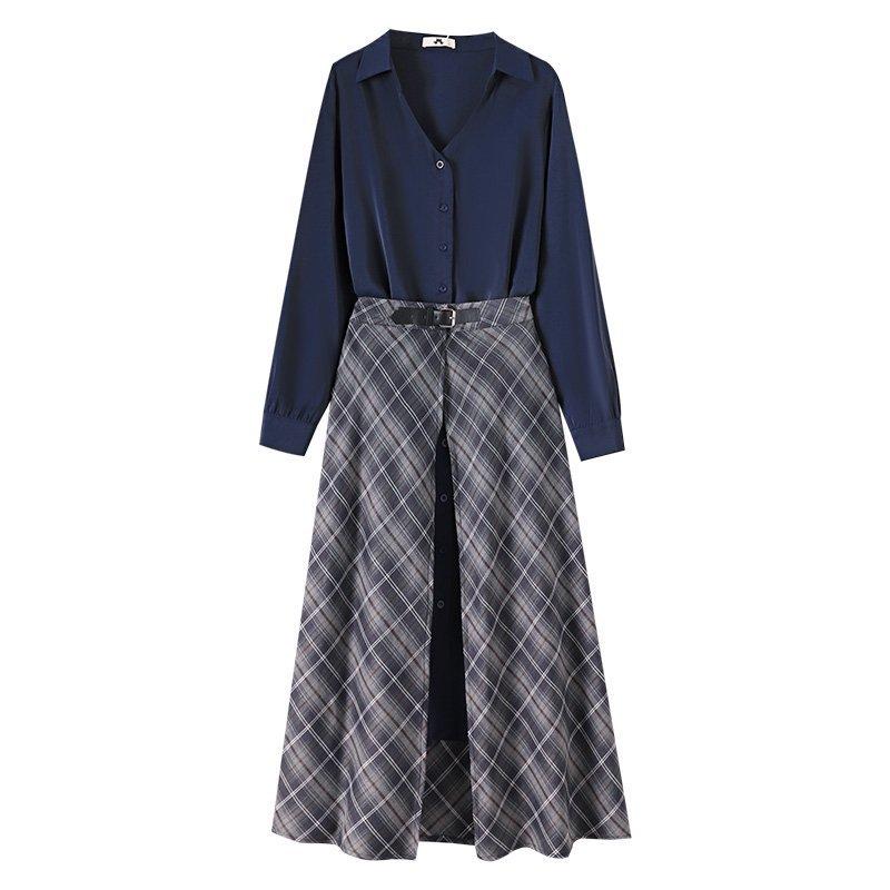 

Женское ретро платье-рубашка большого размера с длинным рукавом, юбка с разрезом, комплект из двух предметов, весенний новый стиль 6XL