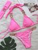 Diamond Thong Swimwear Metal Chain Bathing Suit Band 3 Piece Swimsuit Sexy Rhinestones Bikini 2024 Mujer Women Solid Red Glitter