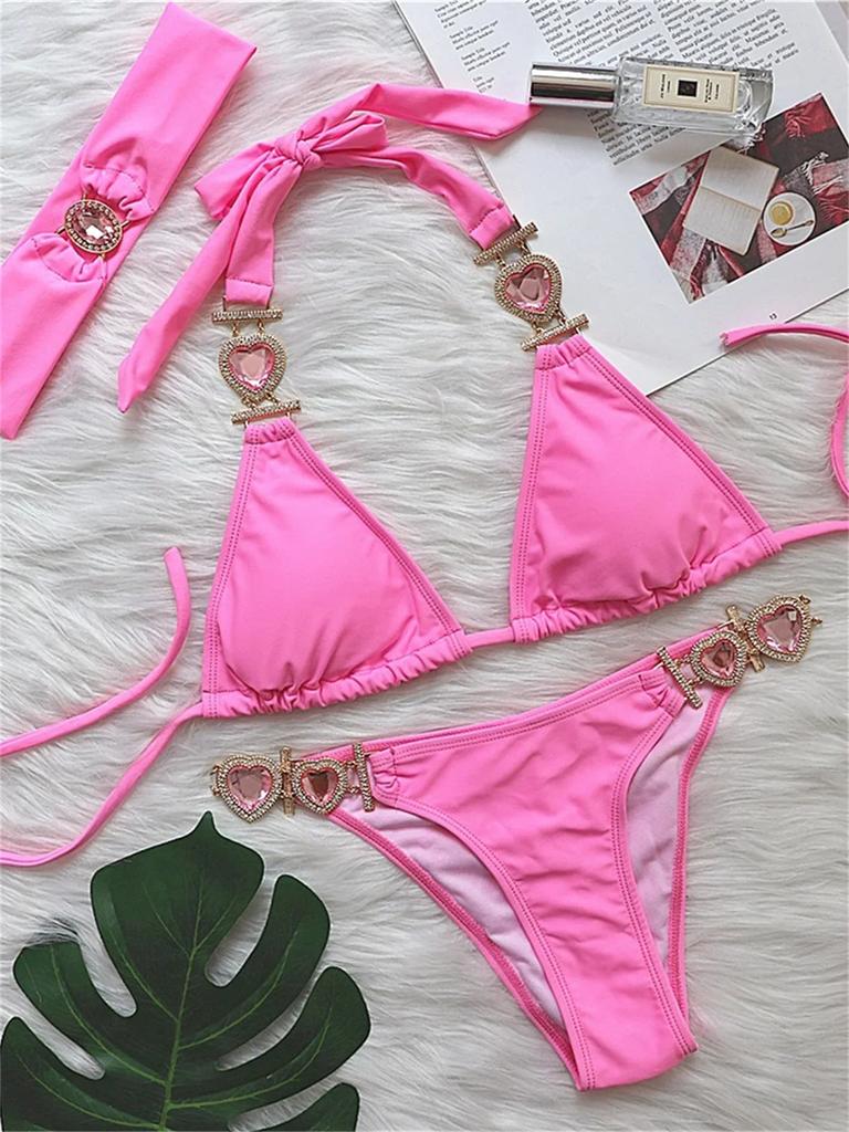 Diamond Thong Swimwear Metal Chain Bathing Suit Band 3 Piece Swimsuit Sexy Rhinestones Bikini 2024 Mujer Women Solid Red Glitter