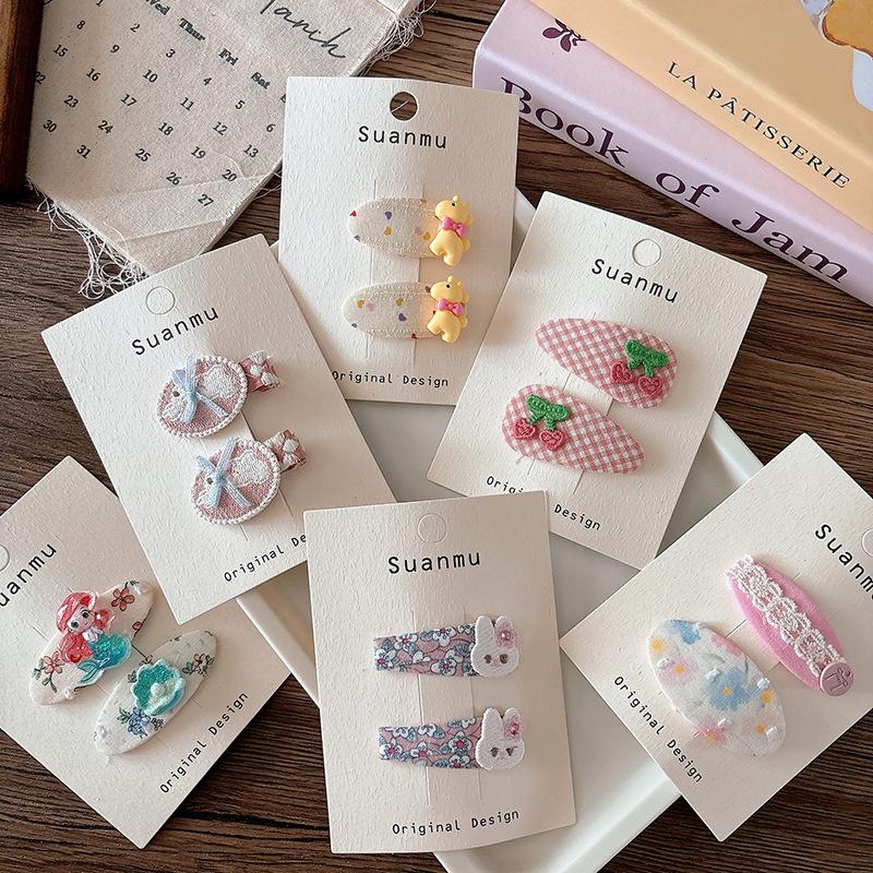 Korean Sweet Versatile Fabric Plaid Children's Bangs Bb Clip Girls Embroidery Cute Cherry Headwear Girls Kids Hair Accessories