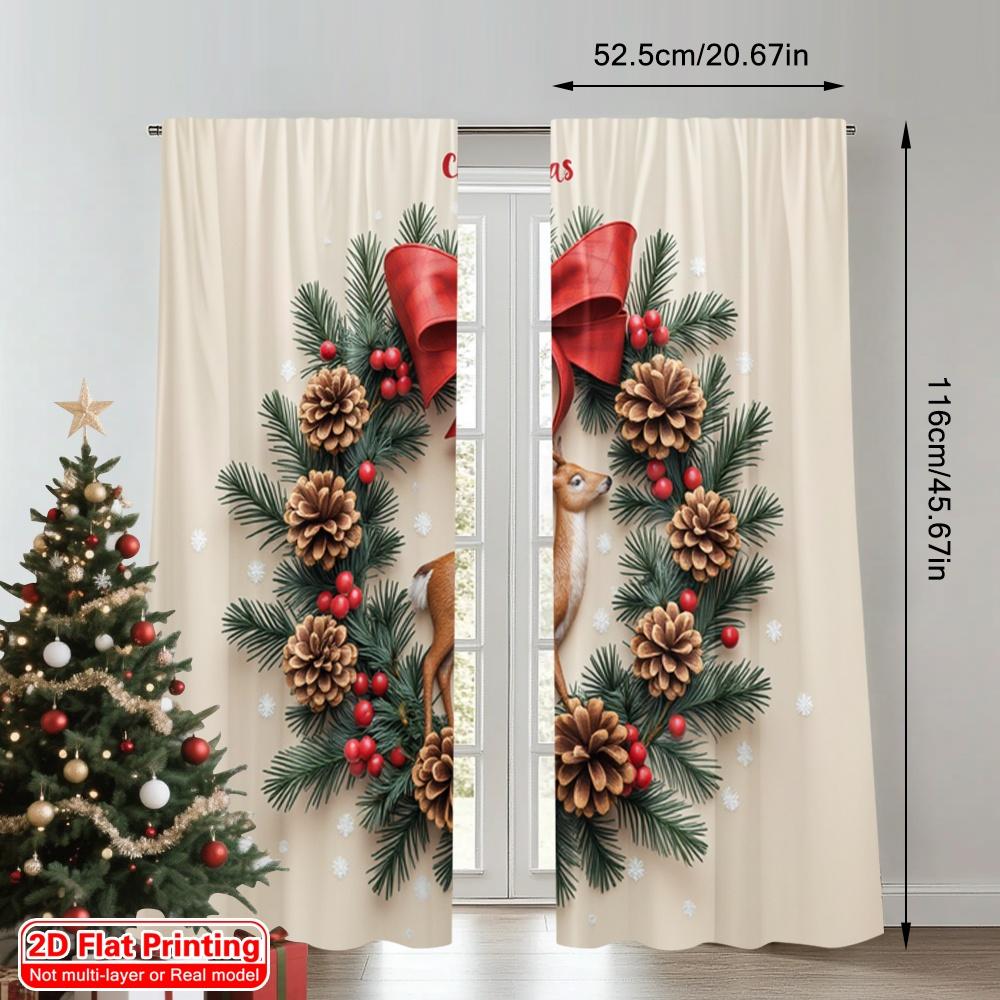 2pcs 2D Flat Printing Merry Christmas Drapes Merry Christmas Moose Wreath Polyester Without Electricity Festive Curtains Use for