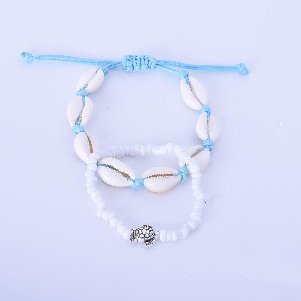 2PCS Shell Rice Beads Anklets Set Braided Rope  Personality   Women