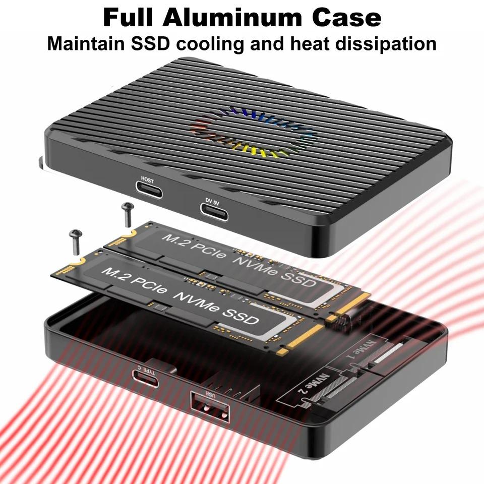Dual Bays M2 NVME SATA SSD Enclouse 10Gbps Dual Protocol M.2 NVMe SATA SSD Case USB3.2 Solid State Docking Station M.2 Hard Disk Box Adapter for PC