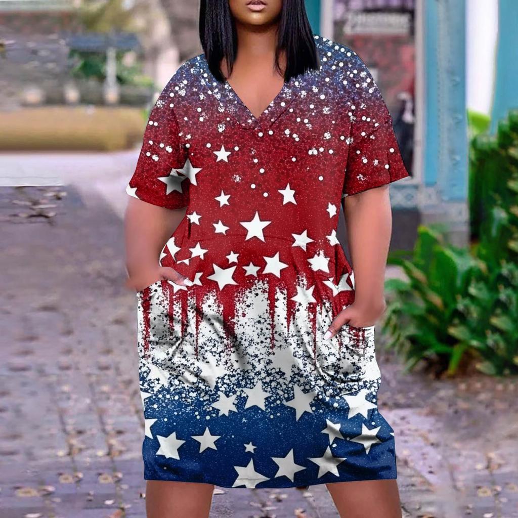 Summer Plus Size V Neck Short Sleeve Knee Pocket Gradient Print Casual Dress For Women