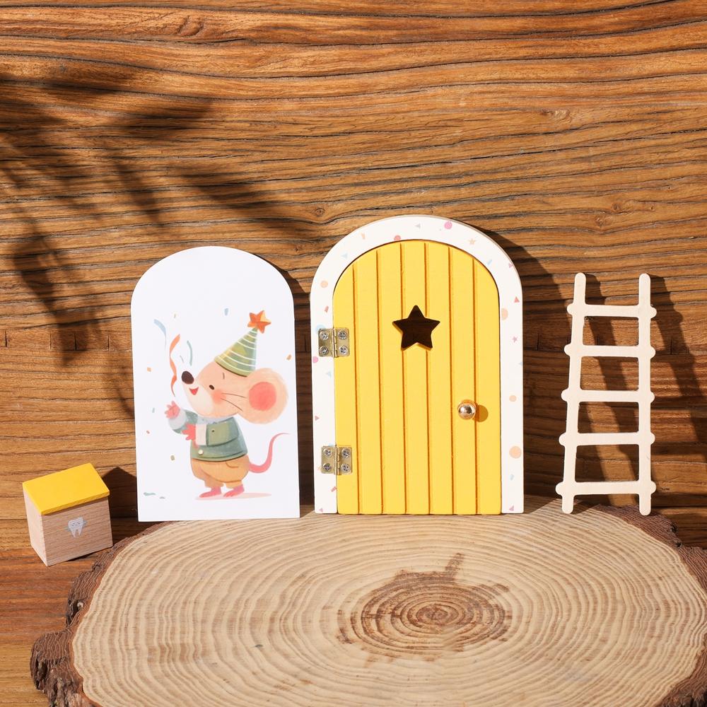 Colorful Mini Tooth Fairy Door Wooden Painted Mouse Magic Gate Dollhouse Garden with Staircase Teeth Box Keepsake Gift for Kids