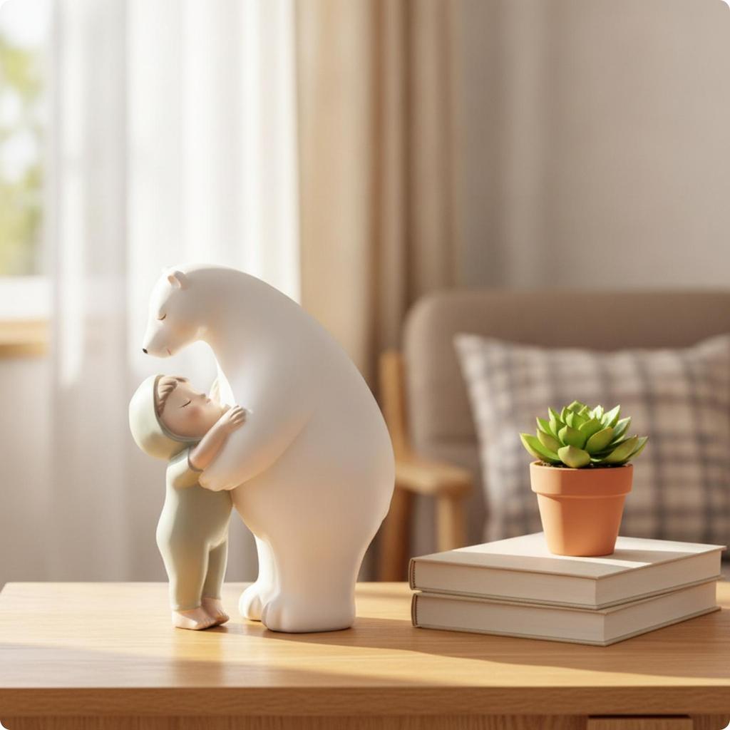 Bear Statue with Child White Snowy Figurine Mother Resin for Art Lovers, Collectors,